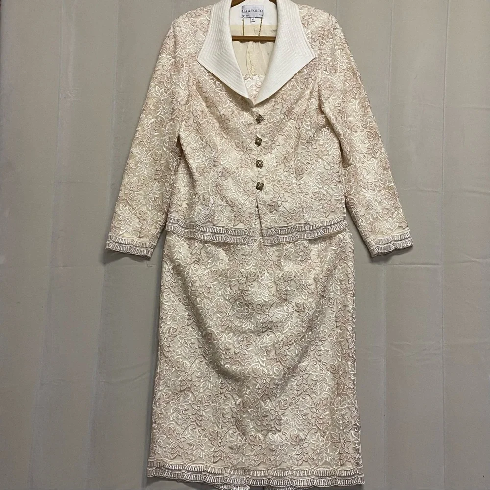 Lily & Taylor Women’s Suit Blazer Skirt Set Brocade Lace Church Wedding Designer